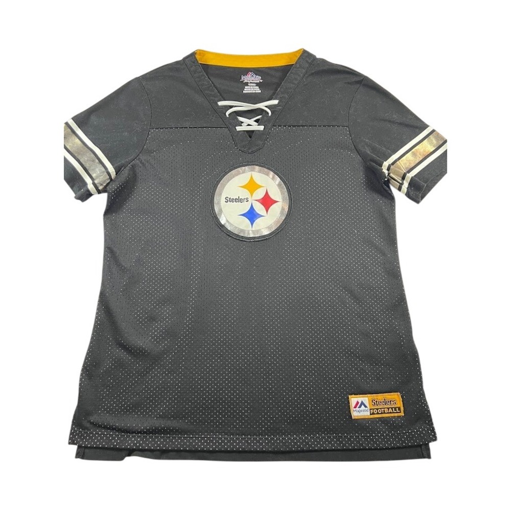 Majestic Pittsburgh Steelers Women's L Lace Up Mesh Jersey Shirt Black Gold NFL - Picture 1 of 8